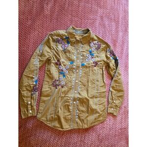3J Workshop Johnny Was Mustard Corduroy Floral Embroidered Button Down Shirt XS